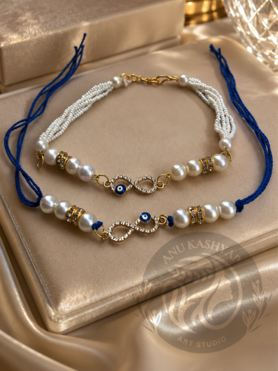 Infinity Couple Rakhi Set with Pearl Beads, Evil Eye Charm and Blue Thread
