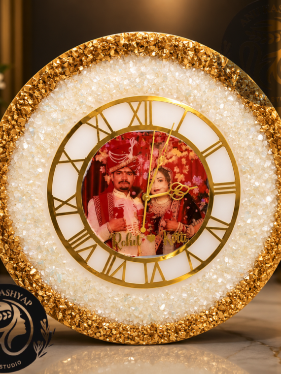 Personalized Couple Photo Wall Clock with Crystal and Gold Design